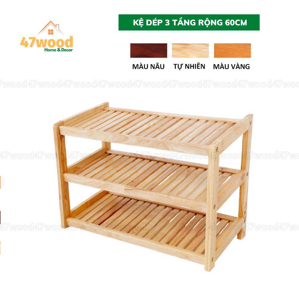 KỆ DÉP GỖ 3 TẦNG 60 GỖ CAO SU - Giá để giầy dép bằng gỗ 47wood
