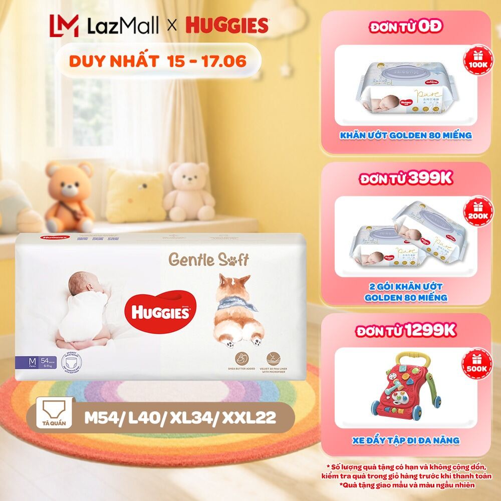 Tã quần Huggies Gentle Soft - Corgi M54/L40/XL34/XXL22 miếng êm mềm nâng niu làn da bé