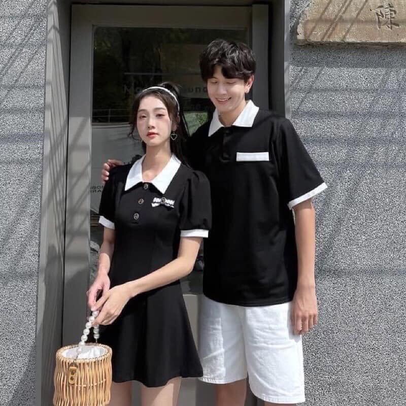 Set đồ đôi màu đen cổ trắng, váy nữ đính nơ xinh xắn