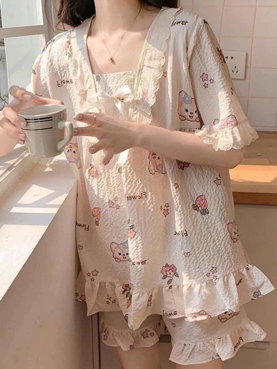 Sét bộ đùi pyjama gân ren nơ phối bèo