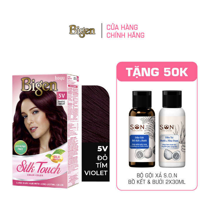 Thuốc nhuộm phủ bạc Bigen Silk Touch phủ bạc hoàn toàn, dưỡng tóc mềm mượt 80ml dạng kem-Đỏ Tím Violet 5V