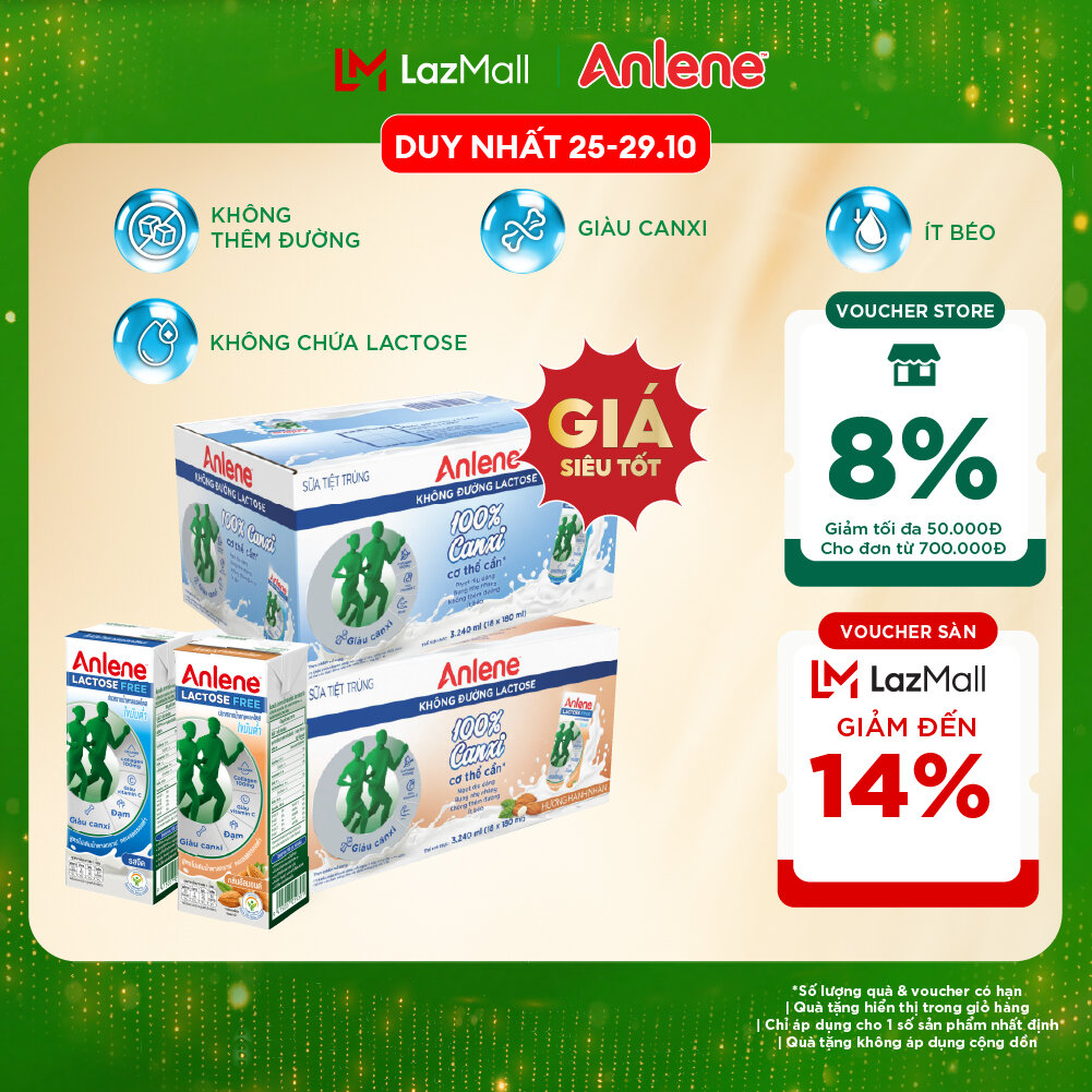 Combo 2 Thùng 36 hộp sữa Anlene không đường Lactose 180ml (vị nguyên bản + vị hạnh nhân)