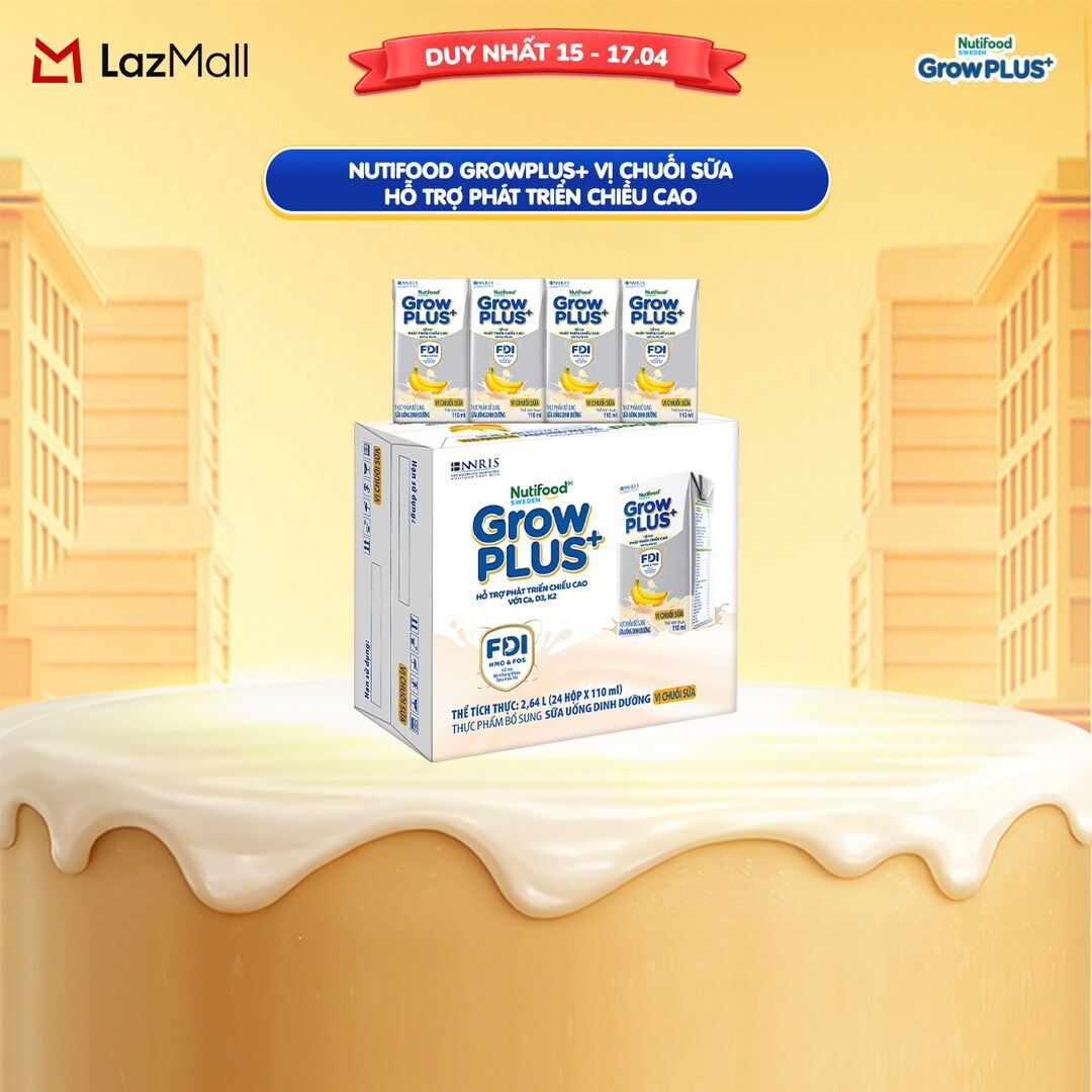 Thùng 24 hộp Sữa bột pha sẵn Nutifood Sweden GrowPLUS+ Vị Chuối Sữa hộp 110ml - Hỗ trợ phát triển chiều cao -  (24 hộp x 110ml)