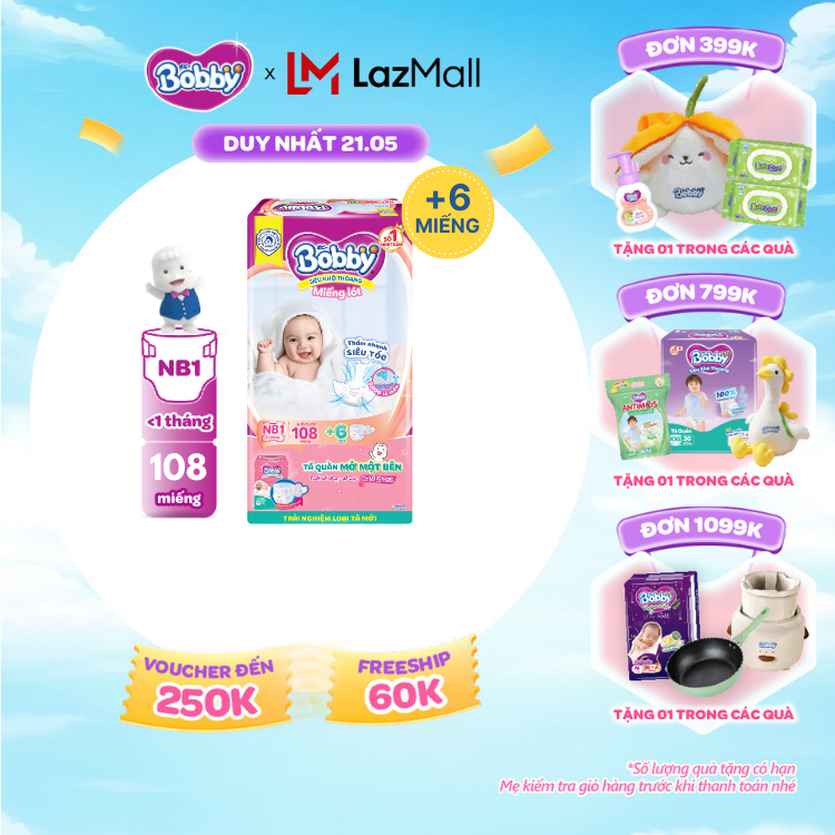 [SALE CUỐI THÁNG tặng QUÀ TO-SLCH]Miếng lót sơ sinh Bobby gói lớn Newborn 1-108 miếng (0-5kg) + Tặng kèm 6 miếng tã quần mở 1 bên Bobby size NB / NB-S