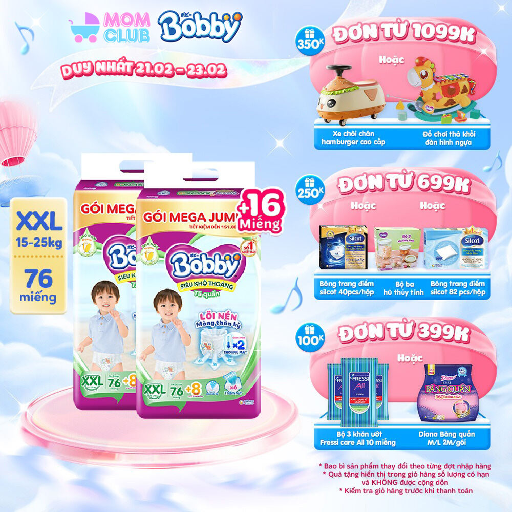 Combo 2 Tã/bỉm quần Bobby 3mm Gạo non XXL76