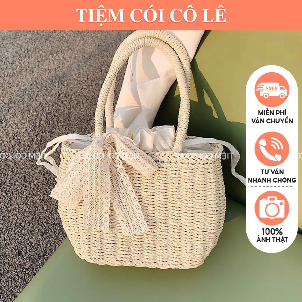 Túi cói bầu đính nơ ren đi biển phong cách vintage - tiệm cói cô lê