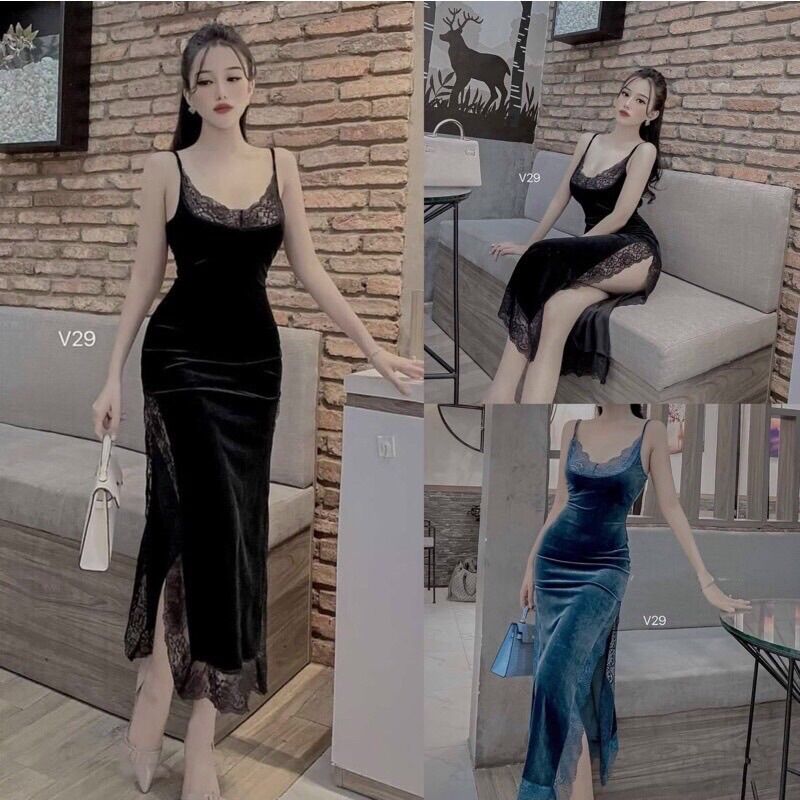 Đầm Nhung body 2 dây phối ren.