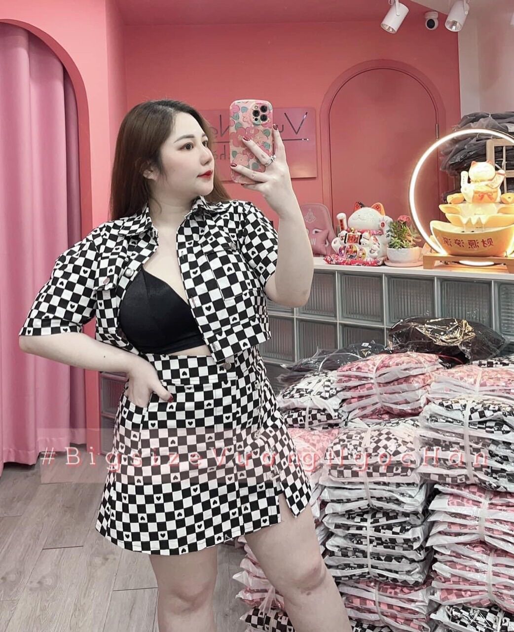 (SHOP BIGSIZE nữ 50kg đến 90kg) set áo túi nắp caro và chân váy