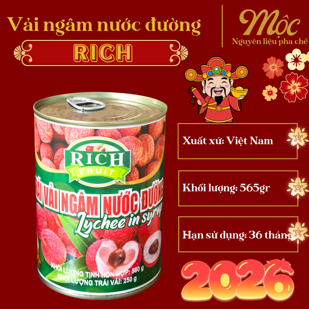 Vải Ngâm Nước Đường RICH (Lon 580Gr) - Vải Đóng Lon Dùng Trong Pha Chế - Topping Trà Trái Cây, Trà Sữa