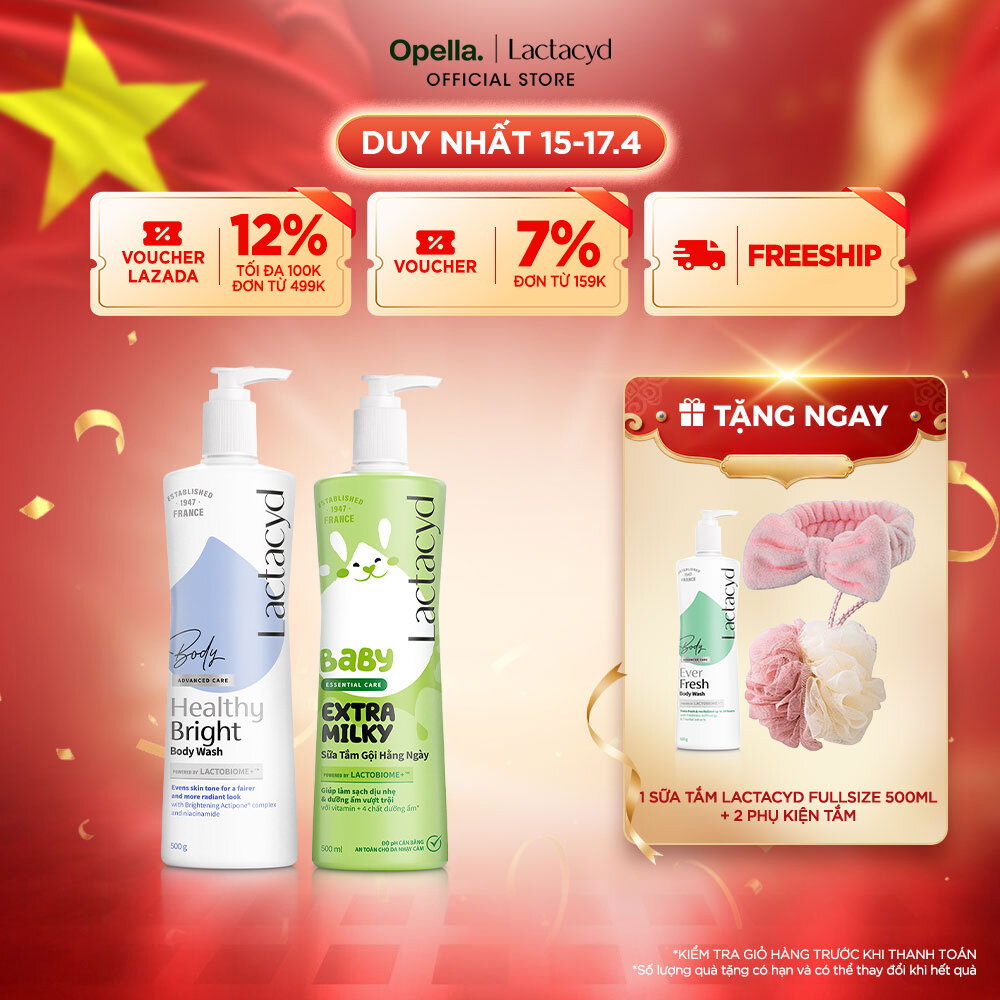 Bộ 1 Sữa tắm Lactacyd Healthy Bright làm đều màu da, mang lại làn da sáng khỏe, rạng rỡ và tự tin + 1 Sữa Tắm Gội Trẻ Em Lactacyd Milky Bảo Vệ, Nuôi Dưỡng Da và Tóc Bé Vượt Trội 500ml Cho Bé