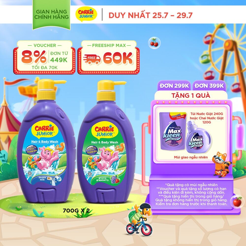 Combo 2 chai Sữa Tắm Gội cho bé Carrie Junior chiết xuất trái cây thiên nhiên 700g/chai: 1 Hương Grapeberry + 1 Tinh Chất Sữa