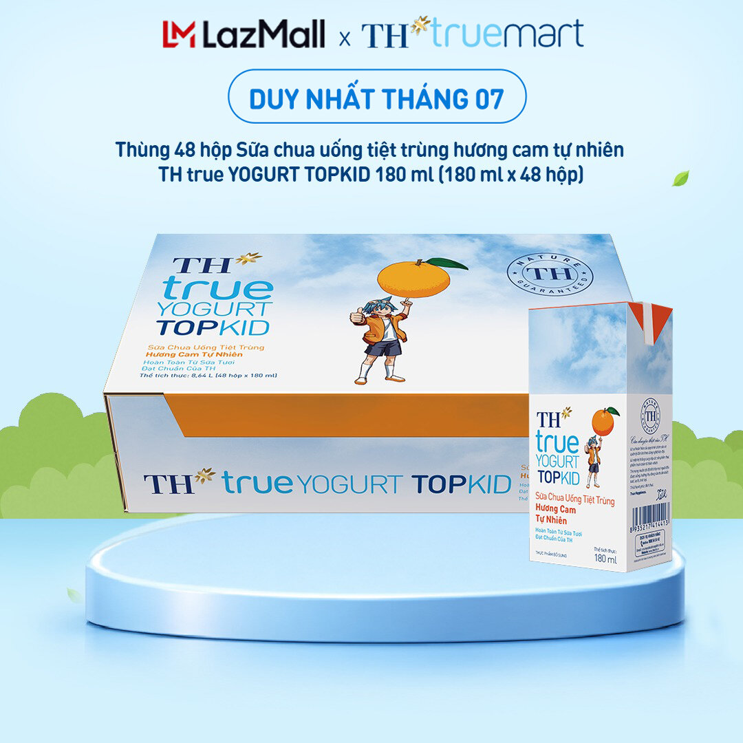 Thùng 48 hộp sữa chua uống tiệt trùng TH true YOGURT TOPKID hương cam tự nhiên 180 ml (180 ml x 48)