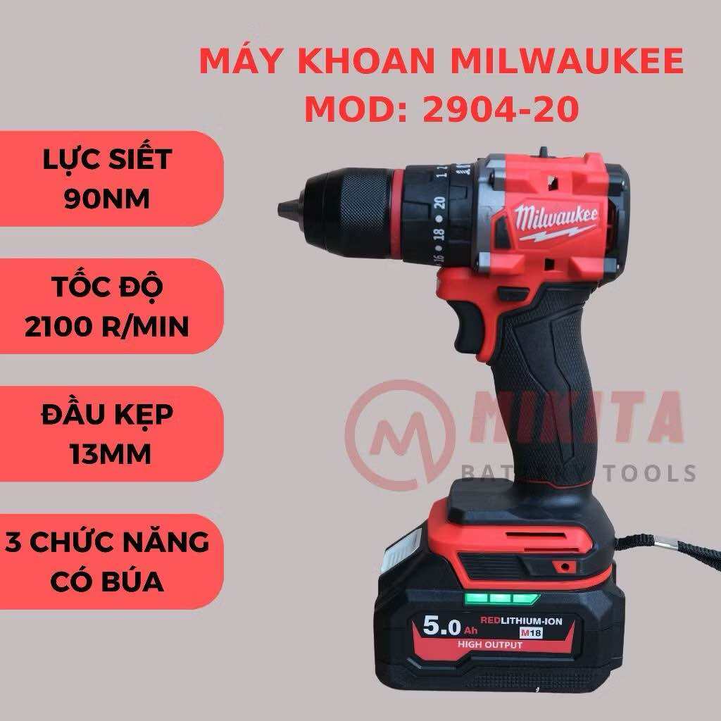 Máy khoan pin Milwaukee 2904 đầu kẹp 13mm ,chân pin phổ thông, động cơ không than