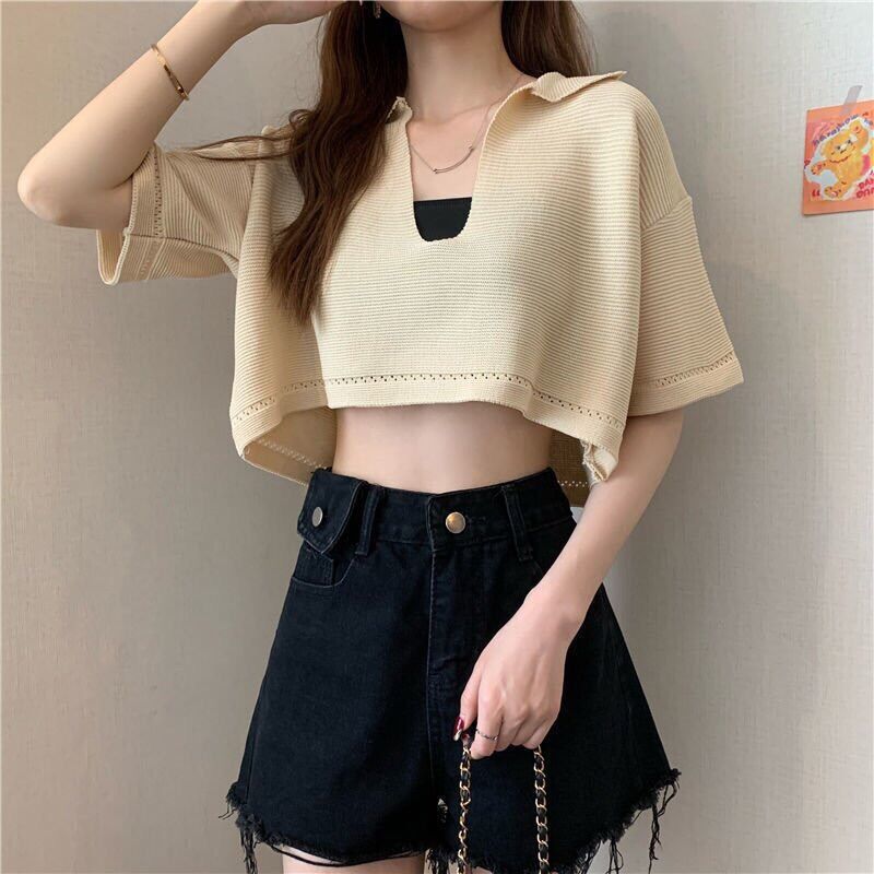 💥Áo len croptop cộc tay cổ bẻ dáng thụng
