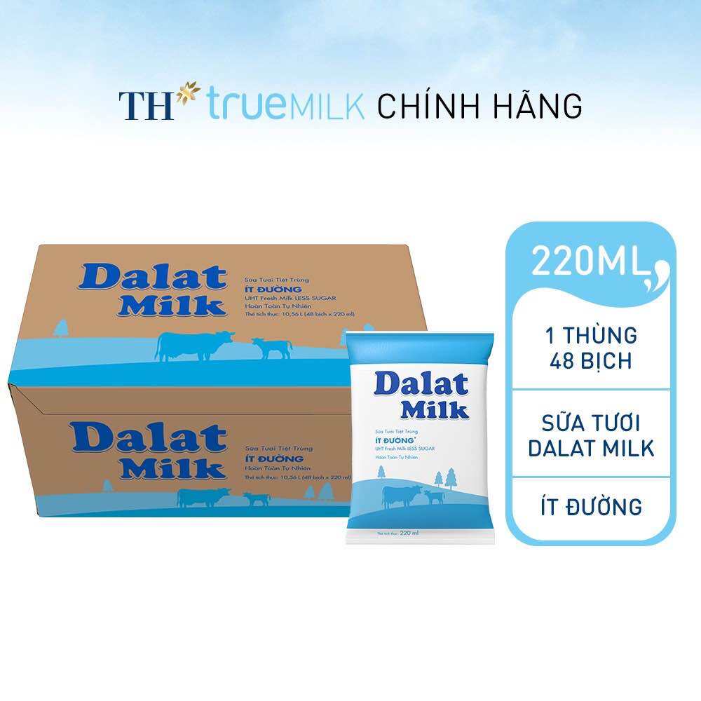 Sữa DaLat Milk Ít Đường Bịch 220ml Thùng 48 Bịch