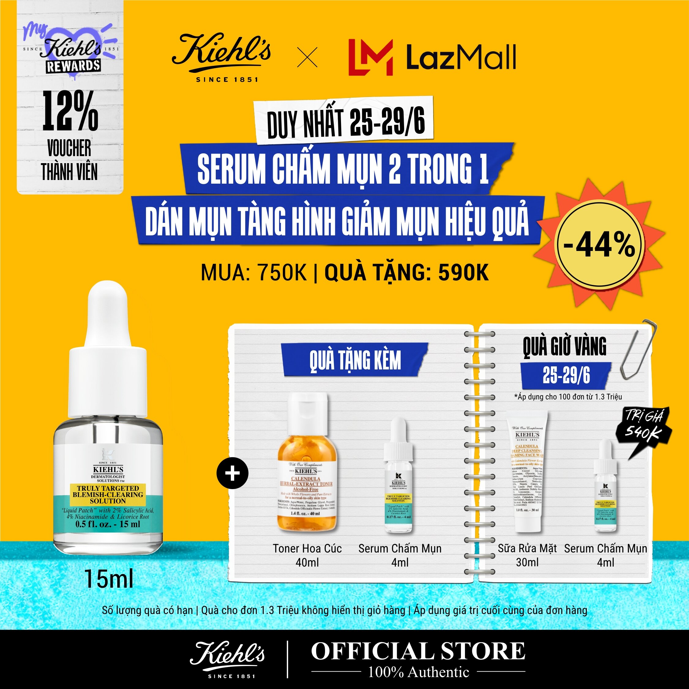 [TẶNG QUÀ ĐƠN 1.3 TRIỆU] Serum Chấm Mụn & Dán Mụn Tàng Hình 2 Trong 1 Giúp Dịu Vết Mụn Trong 2H Kiehl's Truly Targeted Blemish-Clearing Solution 15ml