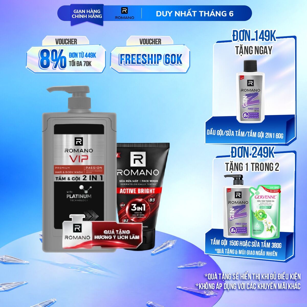 [Tặng kèm sữa rửa mặt 100 ml] Tắm gội 2 trong 1 Romano 2in1 Vip Passion 650g/chai