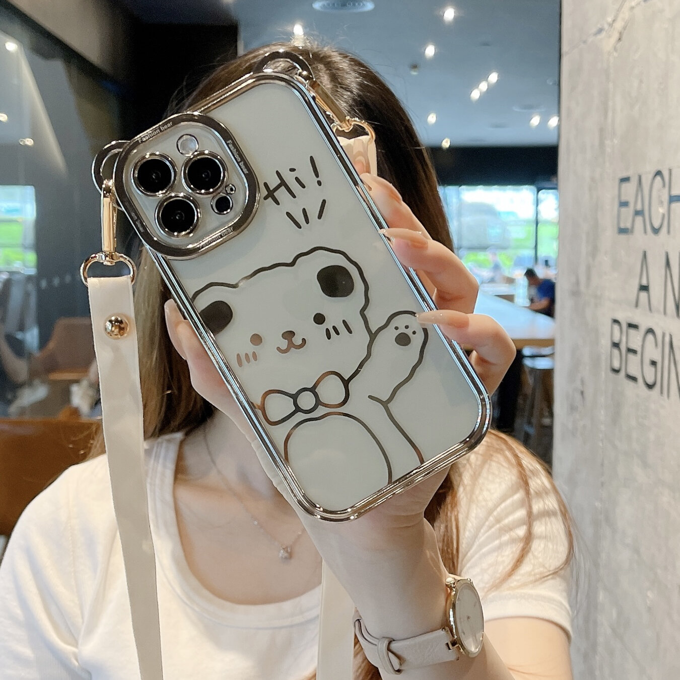 Mạ Điện Dễ Thương Gấu Ốp Điện Thoại Apple 14promax Iphone 12 Vỏ Bảo Vệ Có Vòng Cổ Chống Rơi Đeo Chéo Dây Đeo Vai Nữ Phong Cách Mới