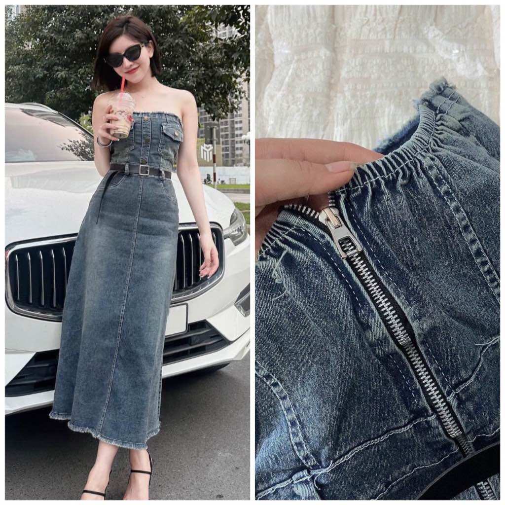 Đầm Jean ống đan dây lưng, Váy Bò xoè cá tính