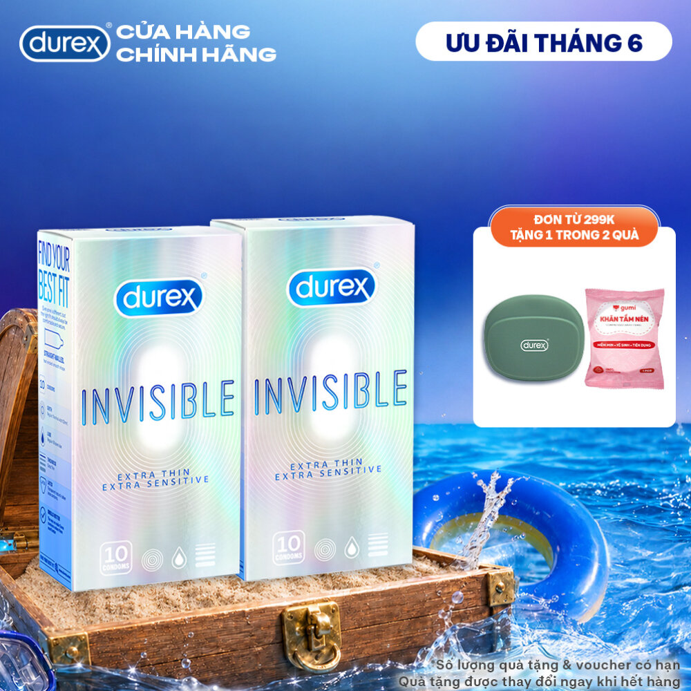 Bộ 2 hộp bao cao su Durex Invisible siêu mỏng, size 52mm, 10 bao/hộp