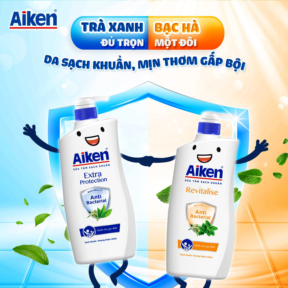 Aiken sữa tắm sạch khuẩn chiết xuất từ thiên nhiên Trà Xanh Bạc Hà chai 350gr