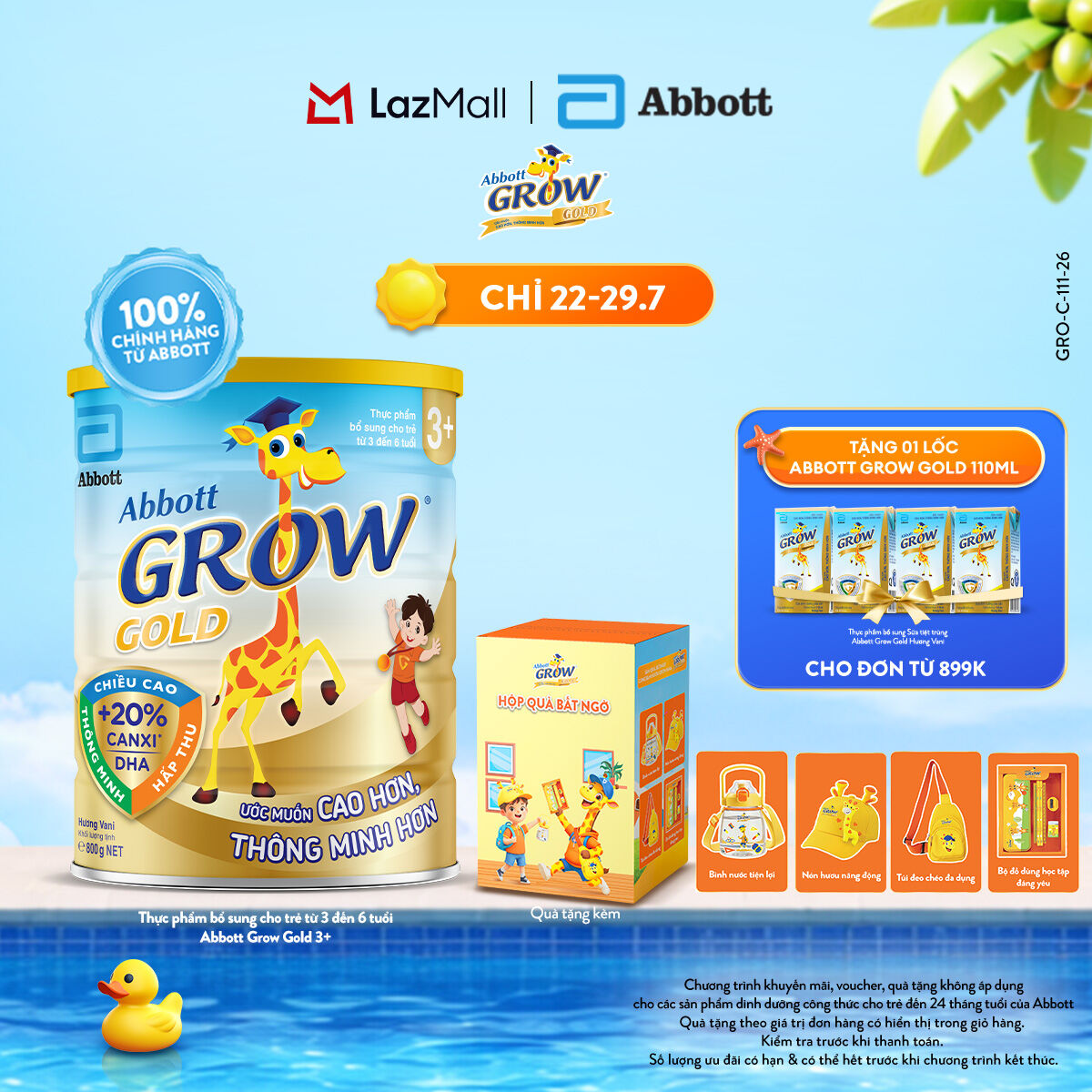 Lon sữa bột Abbott Grow Gold 3+ 800g tặng 1 Hộp quà bất ngờ