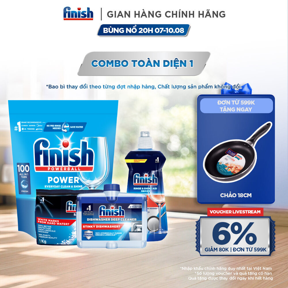 Combo Finish toàn diện 1: Everyday Shine  Clean + Nước Làm Bóng Finish 500ml + Muối Rửa Chén Finish Salt túi 1kg + Dung dịch vệ sinh máy