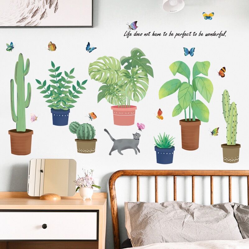 Decal dán tường chậu cây xanh và mèo