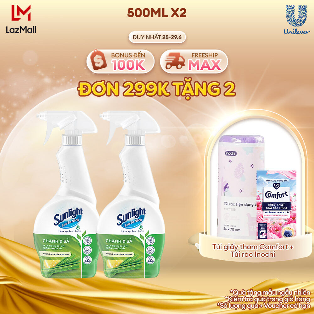 Combo 2 Nước lau đa năng Sunlight Chanh & Sả|Phiên bản nâng cấp từ Cif|Sạch bóng kin kít, không nhờn rít|Chai 500ml