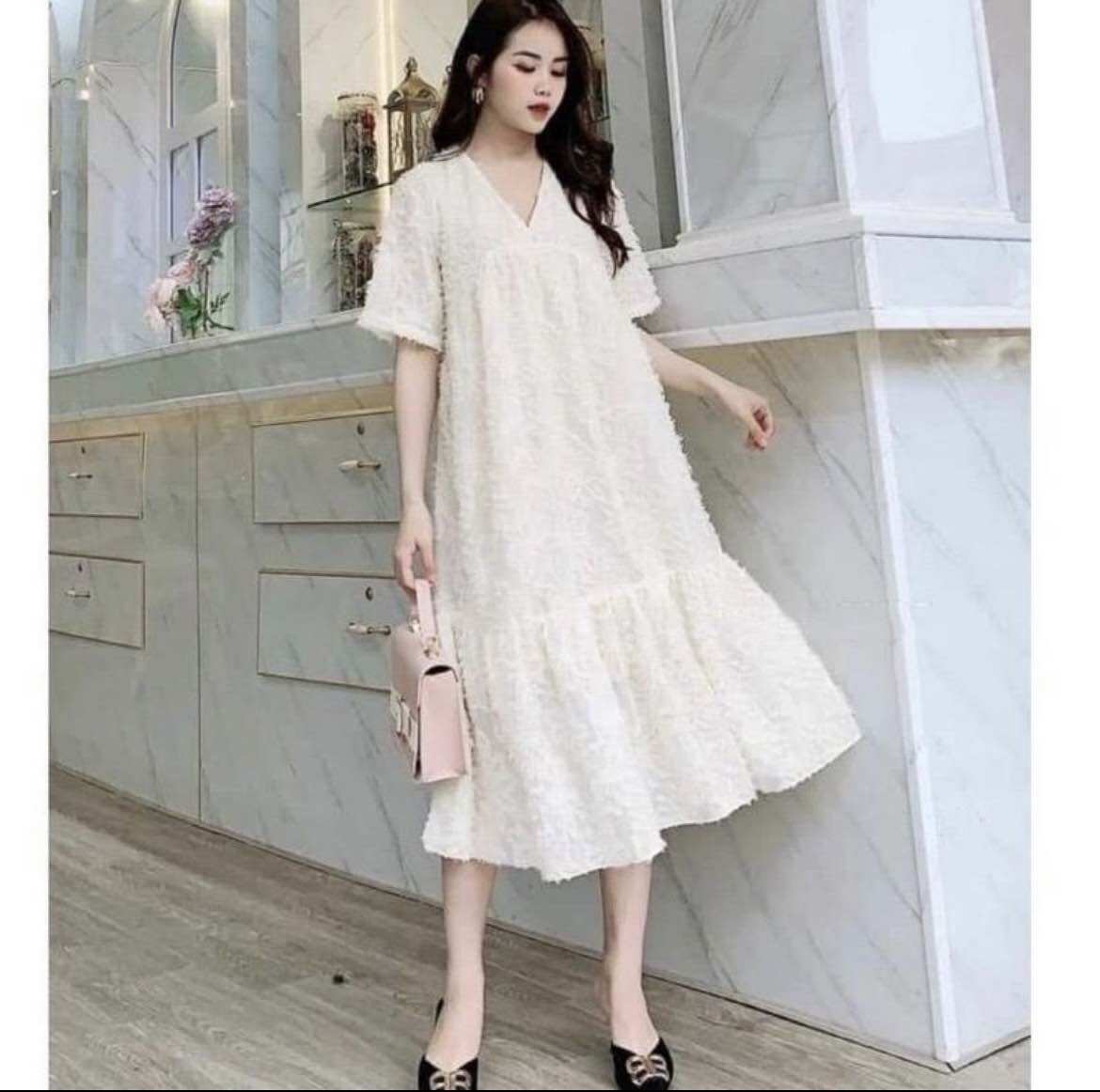 Đầm bầu ren lông 2 lớp dự tiệc cao cấp