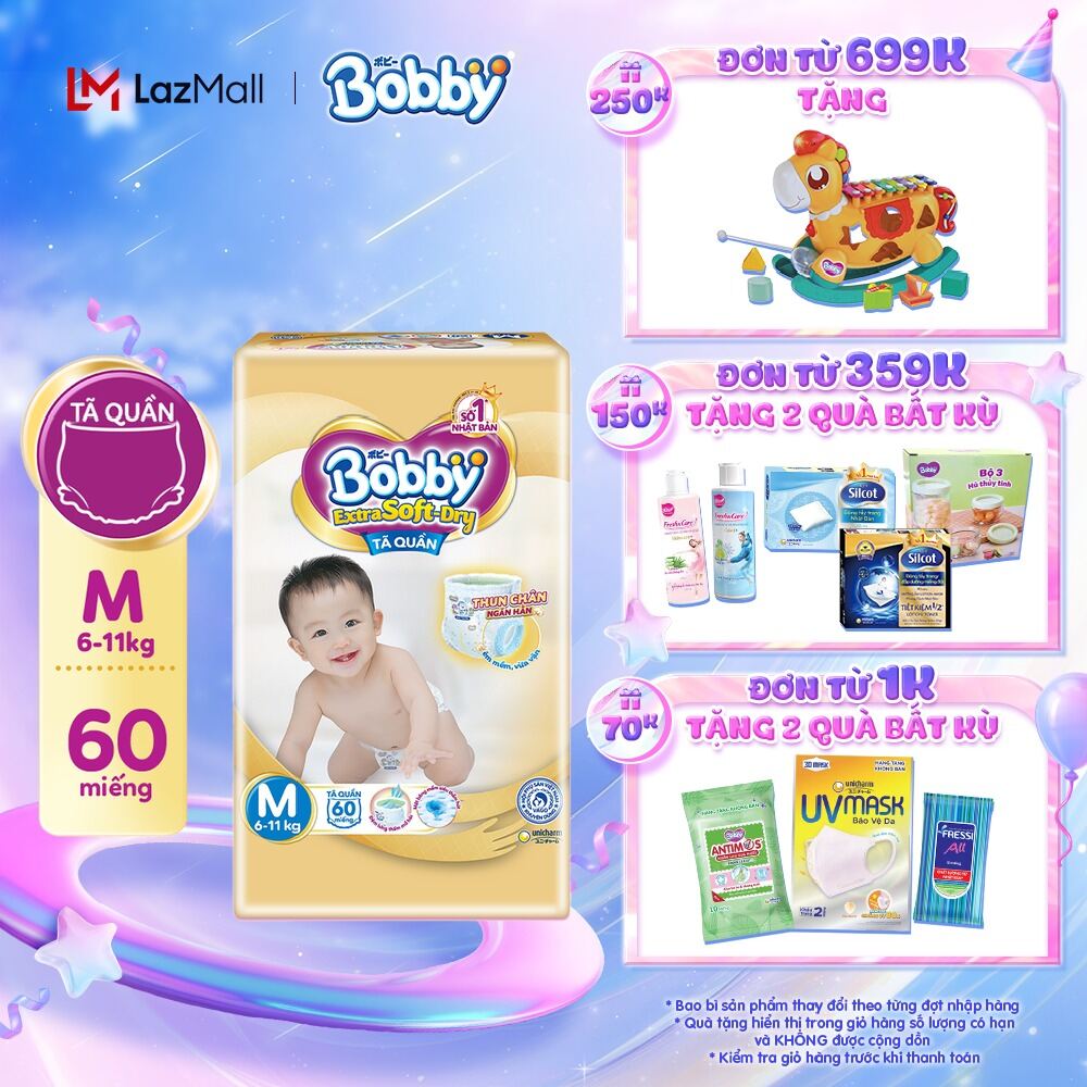Tã Bobby Quần Extra Soft Dry M60