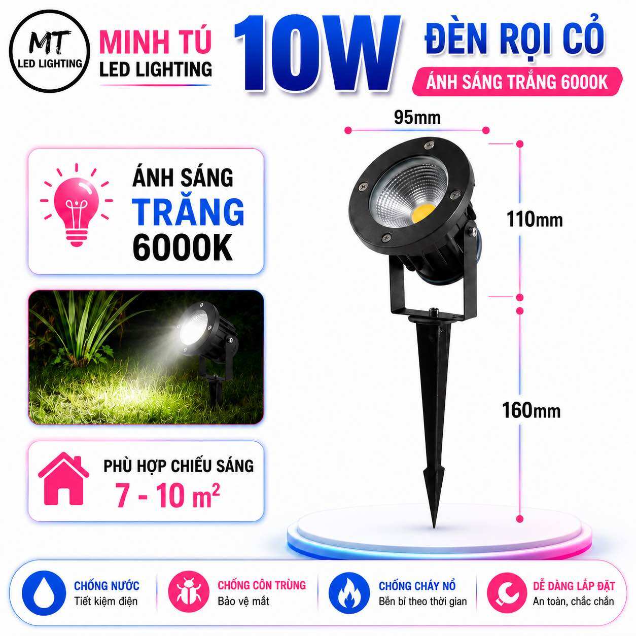 Đèn LED Cắm Cỏ Ngoài Trời 5W 10W COB Rọi Cây Rọi Tường Sân Vườn IP65 Ánh Sáng Trắng 6500K Vàng 3000K Chống Nước