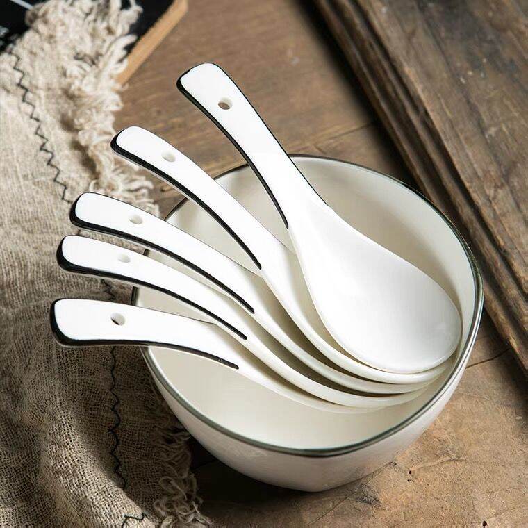 Muôi Xới Cơm Gốm Sứ Hai Kim Khách Sạn, Bộ Đồ Ăn Sứ Xương Viền Đen Đáy Tròn, Muôi Xới Cơm Thìa Canh Gia Dụng