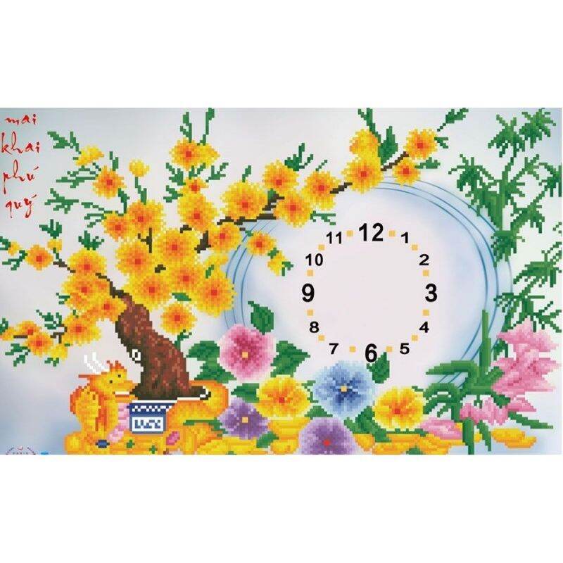 Tranh đính đá đồng hồ Mai khai phú quý size 65*45cm