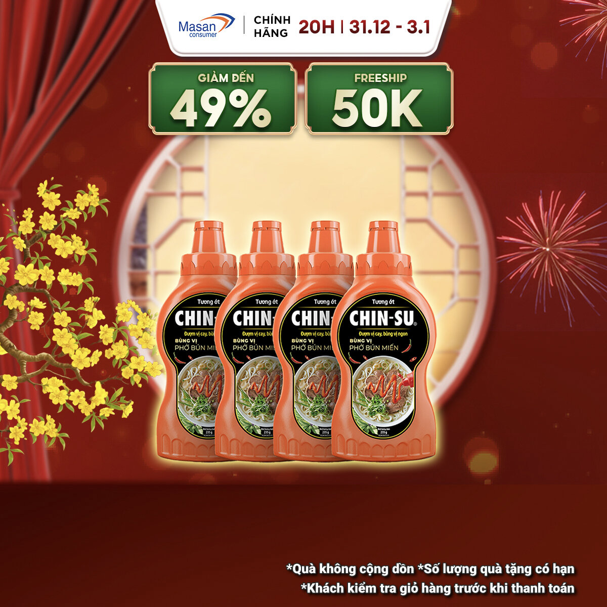 15.12-29.12 Voucher 18% CHO ĐƠN TỪ 199K Combo 4 Tương Ớt CHIN-SU Phở Bún Miến Chai 235g