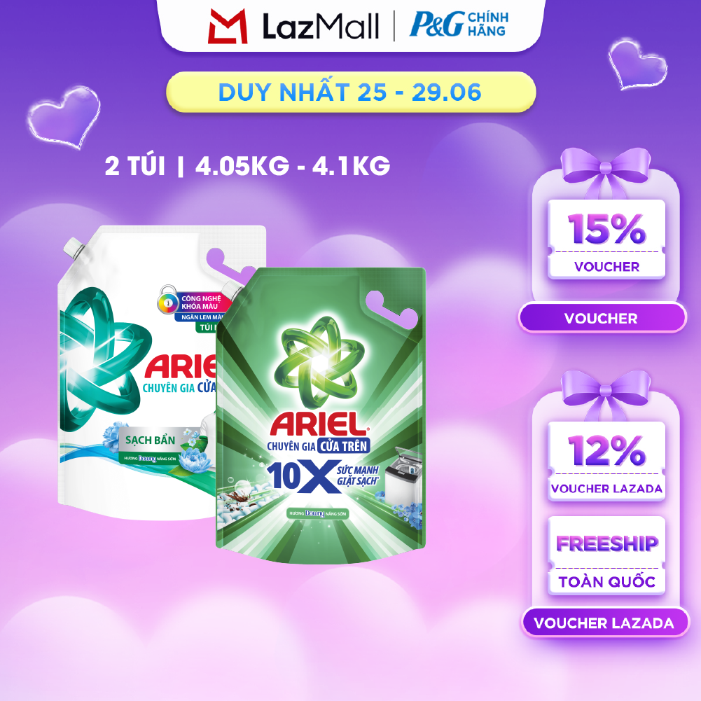 Combo 2 Nước Giặt Cửa Trên ARIEL Ngăn Lem Màu, Quần Áo Siêu Thơm Hương Sạch Sâu Nắng Mai Túi 4.1KG