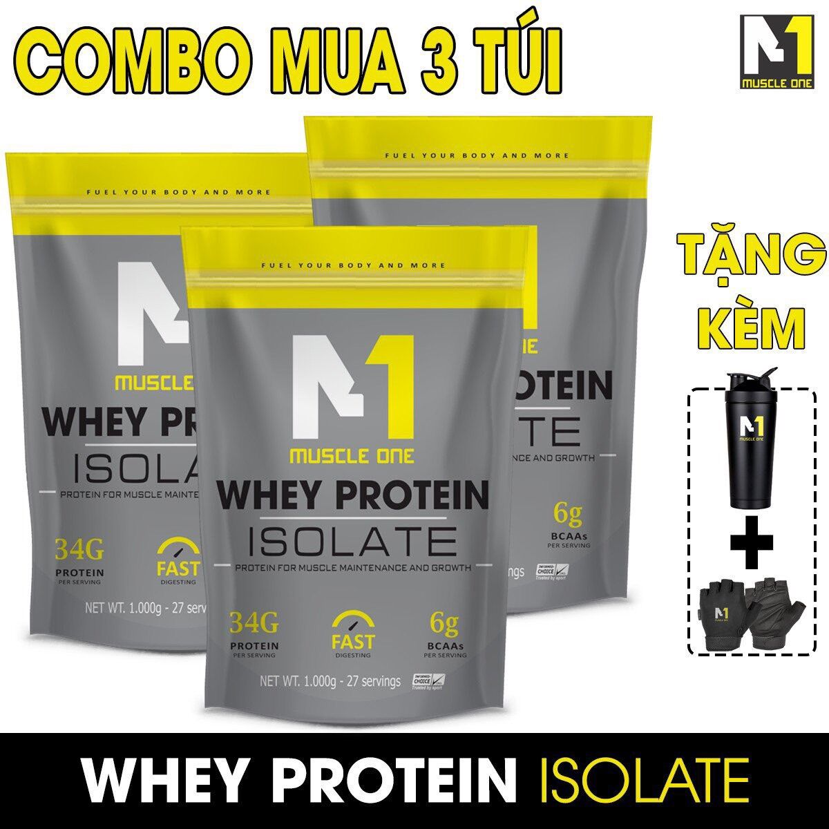 Combo 3 túi whey protein isolate m1 + 2 quà tặng