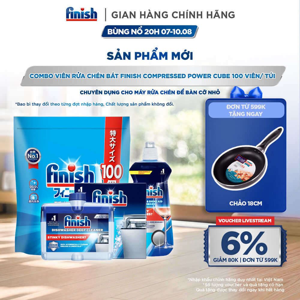 Combo Finish: Viên Rửa Chén Finish Nhật Bản Power Cube 100 Viên + Nước bóng + Dung dịch vệ sinh máy + Muối 2kg