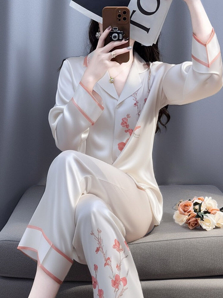 Vintage Print Water Silk Sleepwear Set for Women Giá 784,000 Đồng*Miễn phí vận chuyển