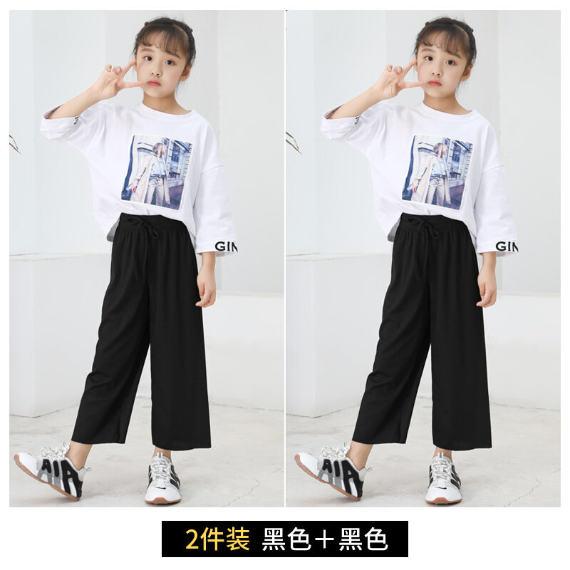 Girls' Wide-Leg Pants Summer Anti Mosquito Pants Loose Western Style Straight-Leg Pants Summer GIRL'S Leisure Large Children's Ninth Pants