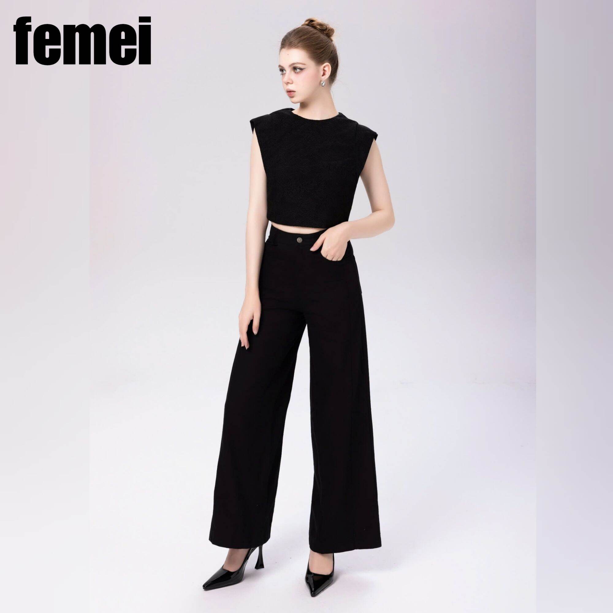FEMEI - Quần kaki trắng nữ dài ống suông rộng lưng cao hot trend