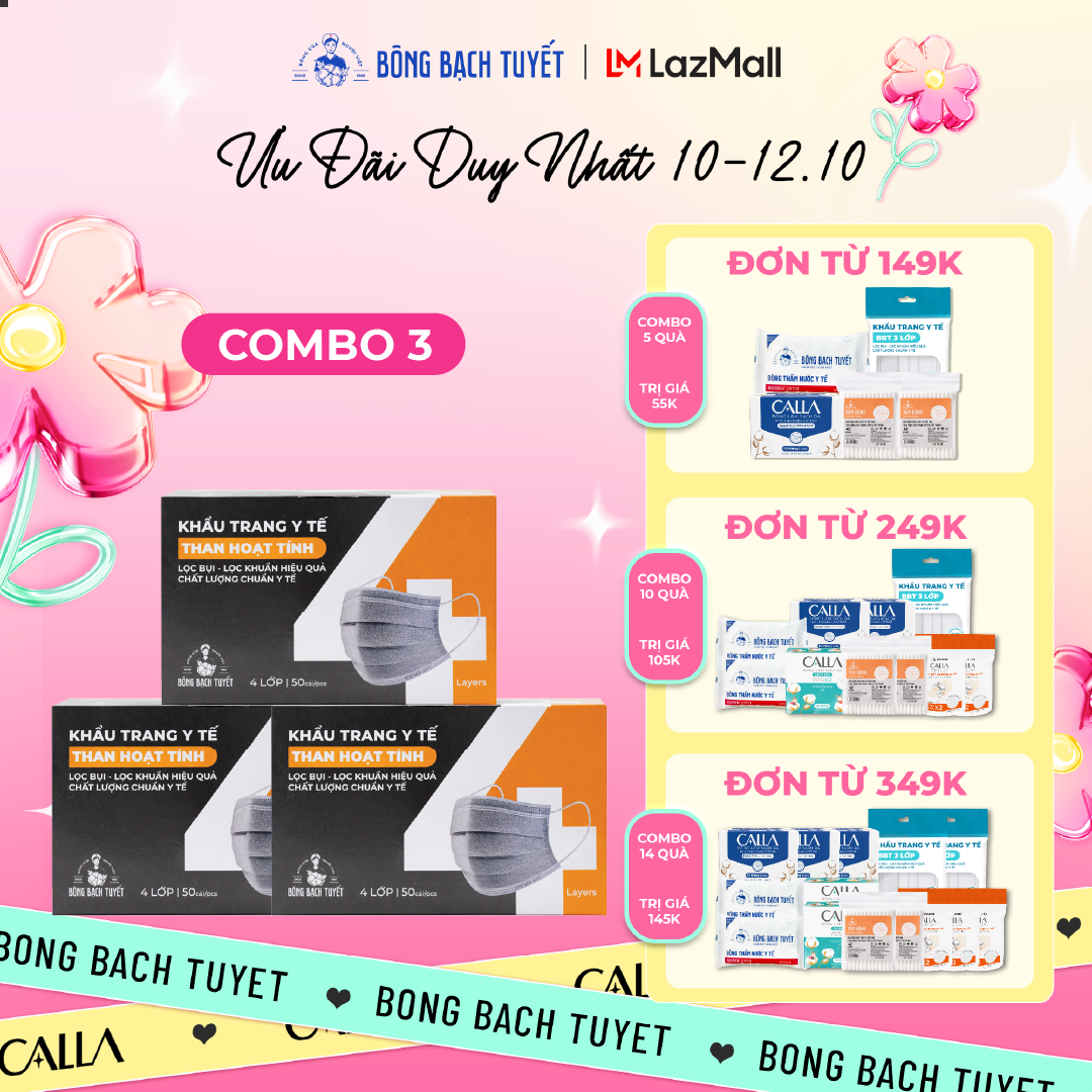 Combo 3 Hộp Khẩu trang Bông Bạch Tuyết than hoạt tính 4 lớp (50 cái/hộp)