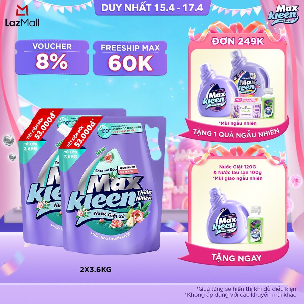 Combo 2 Túi Nước Giặt Xả MaxKleen Thiên Nhiên 3.6kg/túi