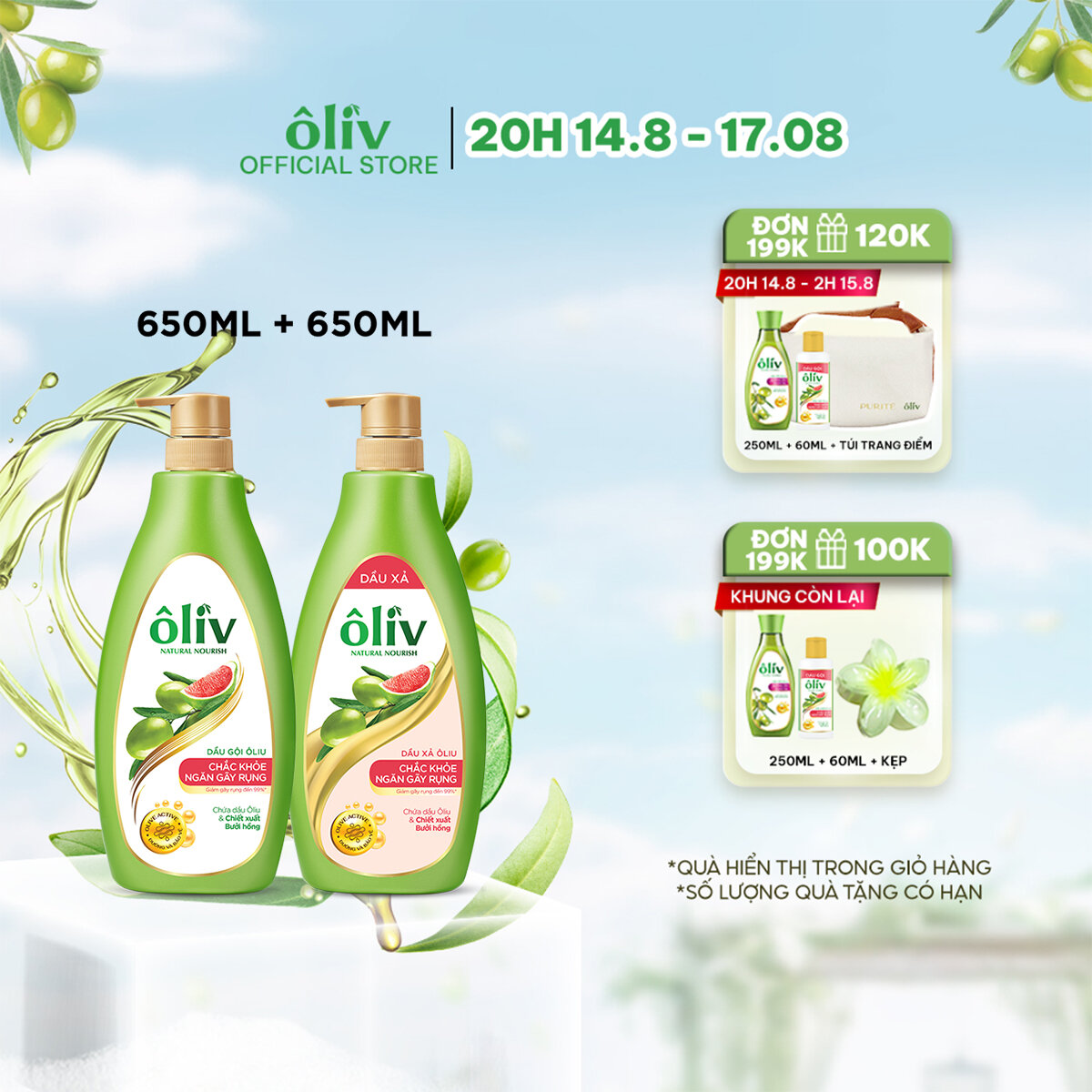 Combo Dầu gội Ôliv chắc khỏe 650ml + Dầu xả Ôliv chắc khỏe 650ml