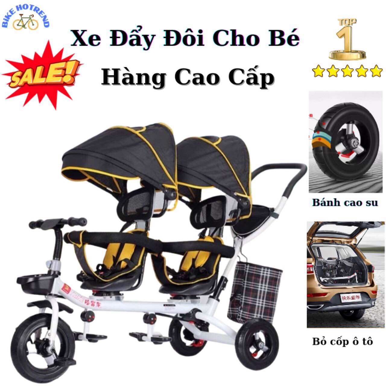 Xe đẩy đôi 3 bánh cho bé ( ghế có lưới thoáng mát) Bánh Cao Su