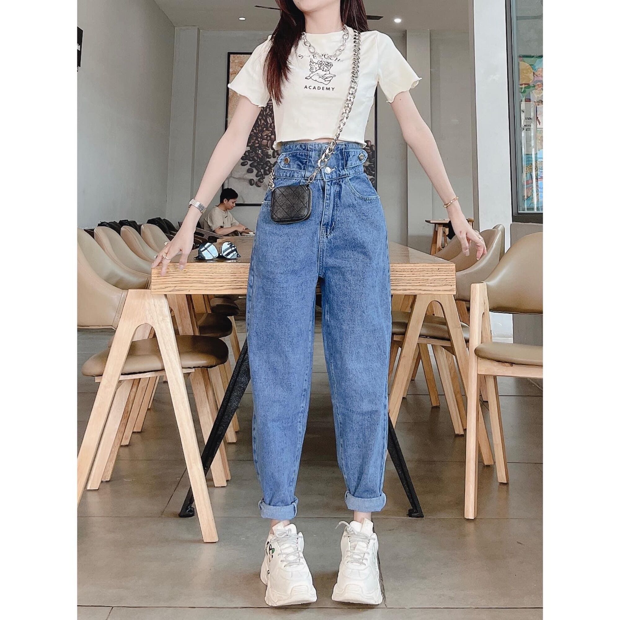 Baggy Jeans 2 Nút Đai Nút + Crop Sakapoche