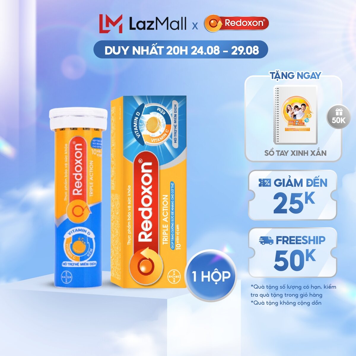 Viên sủi bổ sung Vitamin C, D, và Kẽm Redoxon Triple Action 10 viên