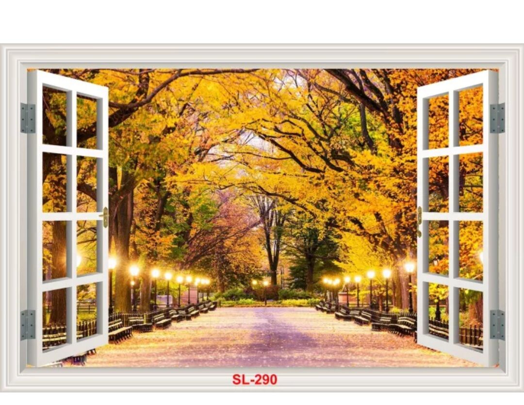 Tranh cửa sổ hàng cây vàng đứng ngang 90cm cao 100cm