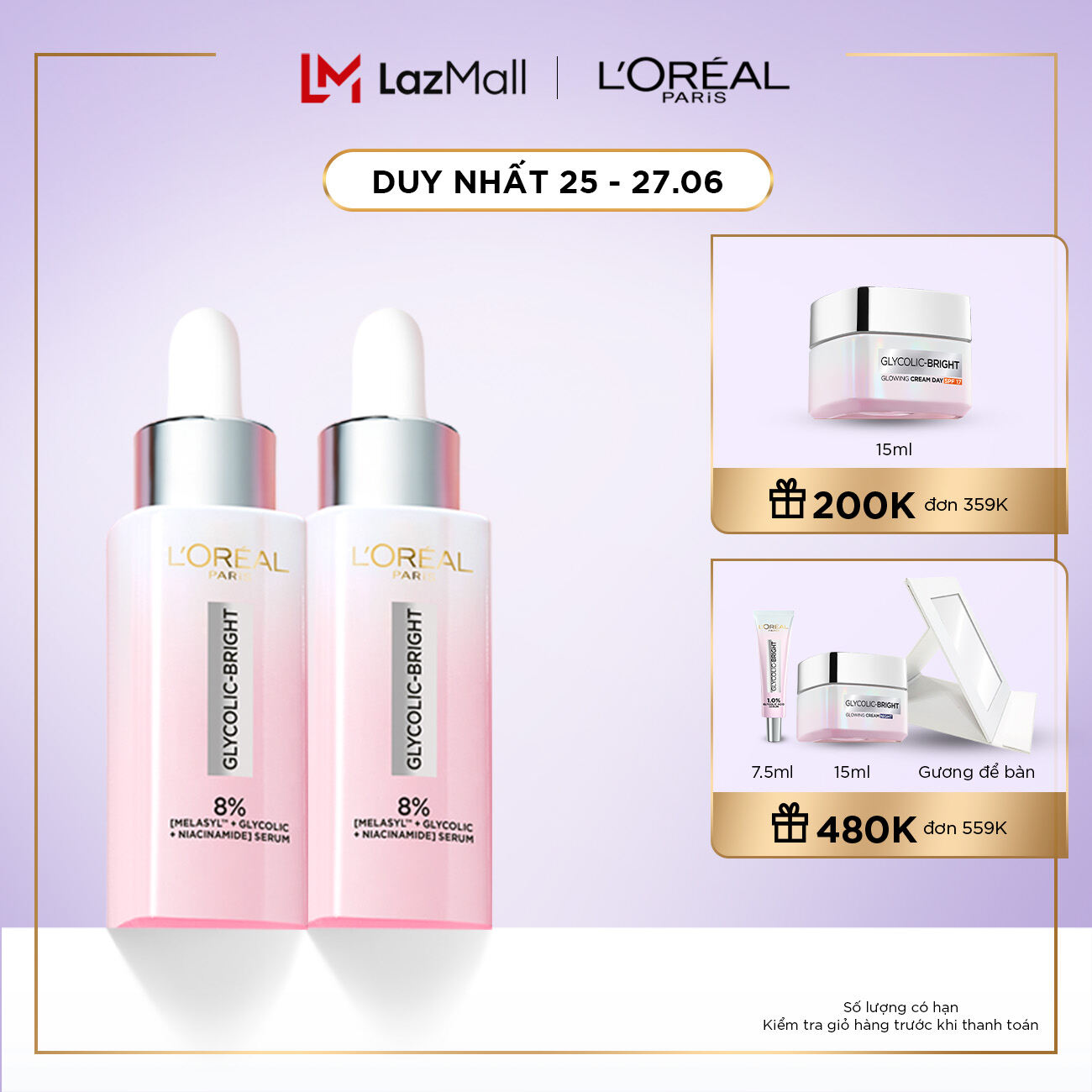 Bộ 2 Serum sáng da tức thì L'Oreal Paris Glycolic Bright Instant Glowing Serum 1.0% Glycolic Acid 30mlx2