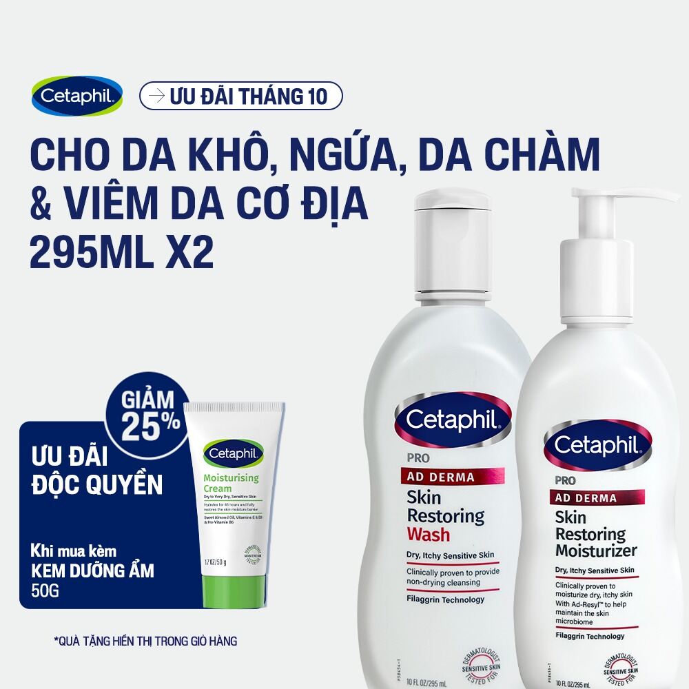 Combo Sữa tắm và Kem dưỡng ẩm dành cho da khô, ngứa Cetaphil Pro AD Derma Wash 295ml + Cetaphil Pro AD Derma Moisturizer 295ml